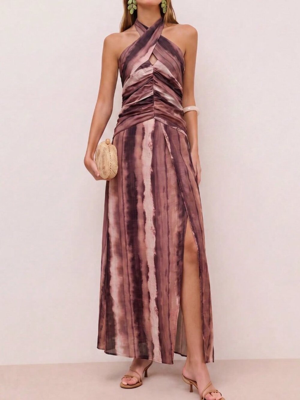 Burgundy Sexy Women's Backless Knot Split Thigh Halter A-Line Midi Dress